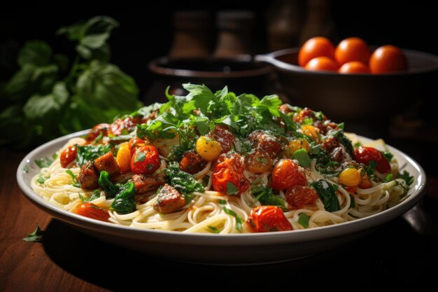 Noodles with sausage tomato sauce tomatoes green basil decorated on white plate generative IA