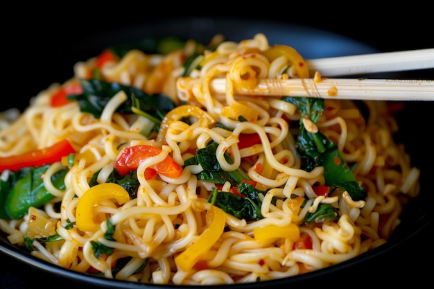 Noodles with vegetables on a black background close