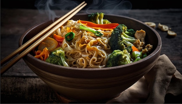 Noodles with vegetables and chopsticks, generative ai