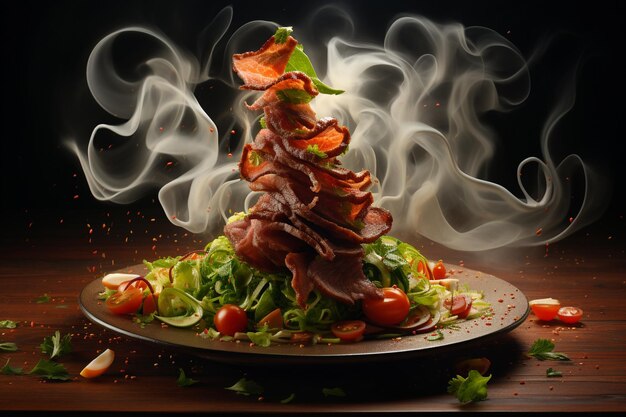 Noodles with vegetables and meat in the form of a tornado