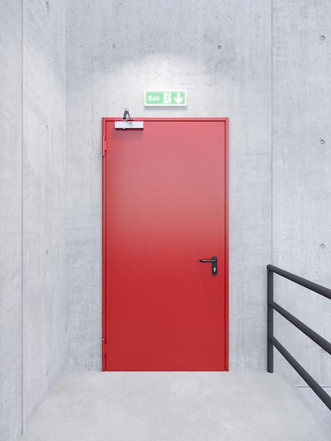 Nooduitgang rode metalen deur in betonnen sapce gebouw 3D-rendering