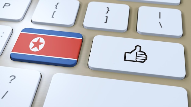 Foto noord-koreaanse vlag en yes of thumbs up button 3d-illustratie