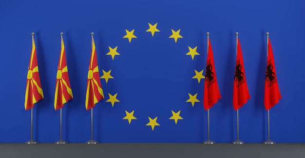 Foto noord-macedonië en albanië top of vergadering concept vlaggen van noord-macedonië en albanië vlaggen op de achtergrond van de europese vlag 3d illustratie en 3d werk