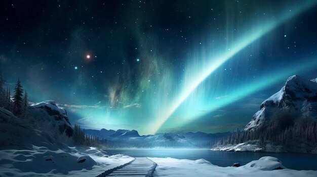 Foto noordelijk licht met hemel op besneeuwd pad in de stijl van video glitches igor zenin hemelblauw en bruin