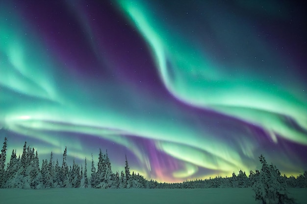 Noorderlicht boven het bos. Aurora borealis met sterrenhemel aan de nachtelijke hemel Fantastic Winter Epic