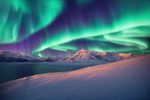 Foto noorderlicht boven het meer aurora borealis met sterren aan de nachtelijke hemel fantastic winter epic magic