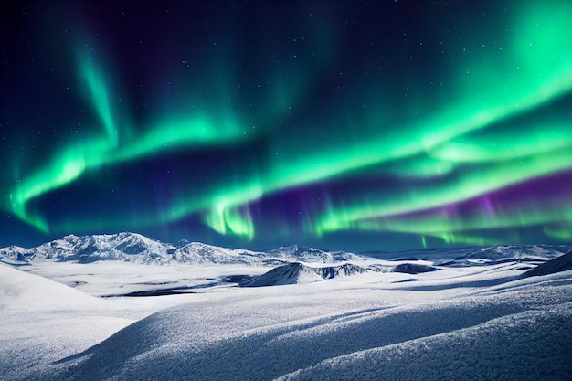 Noorderlicht over besneeuwde bergen Aurora borealis met sterrenhemel aan de nachtelijke hemel Fantastische winter