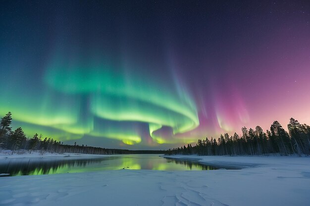 Foto noordlicht aurora borealis in de nachtelijke hemel over een bevroren meer in lapland