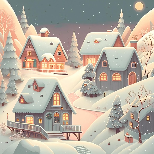 Noords winterlandschap met schattige huizen Kerstillustratie voor kinderen en sprookjes gen