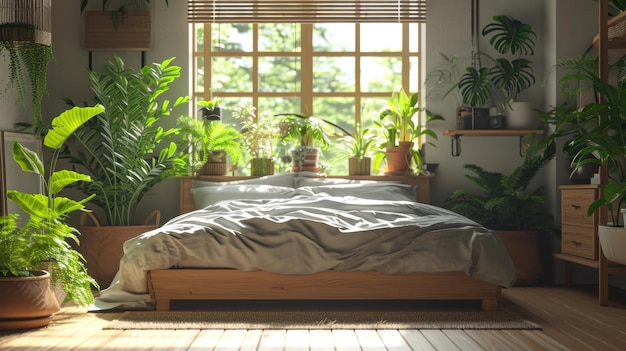Photo nordic bedroom interior with houseplants and modern design