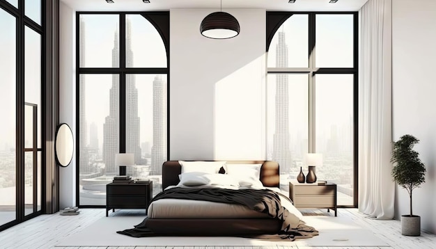 Скандинавская спальня с большим окном и высоким потолком Generative AI