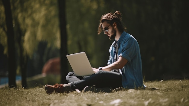 Северный человек работает на ноутбуке на улице под солнцем Генеративный ИИ