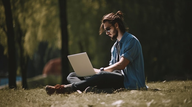 Nordic person working on a laptop outside in the sunshine Generative AI