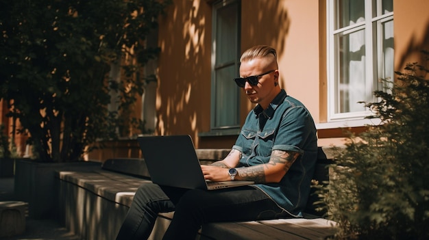 Nordic person working on a laptop outside in the sunshine Generative AI