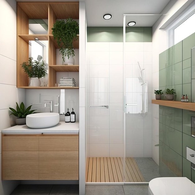 Nordic scandinavian and minimalist style bathroom interior with wooden details generative ai