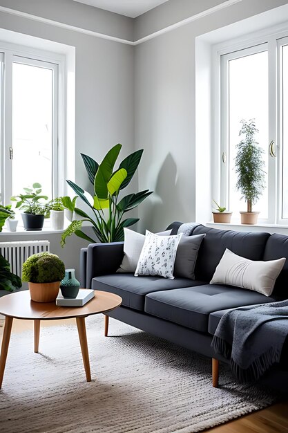 Nordic style living room with sofas and plants