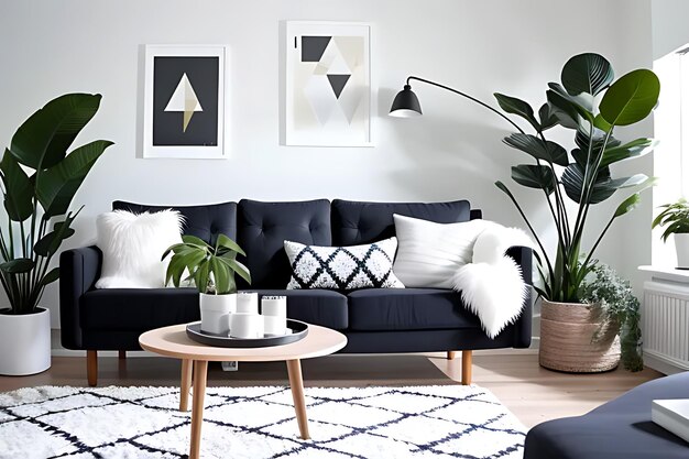 Nordic style living room with sofas and plants