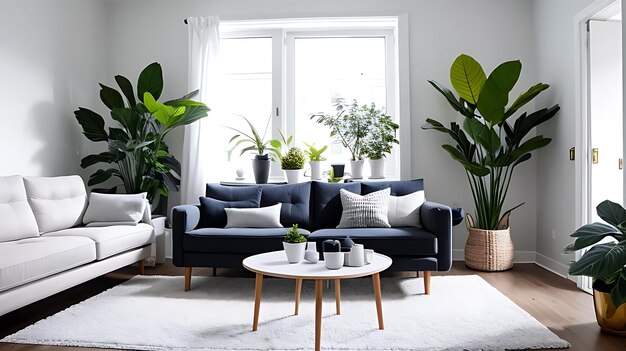 Nordic style living room with sofas and plants