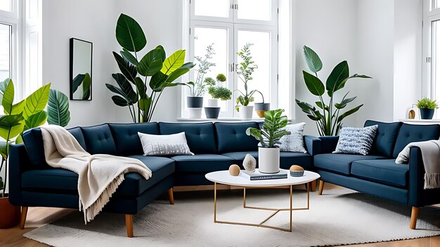 Nordic style living room with sofas and plants