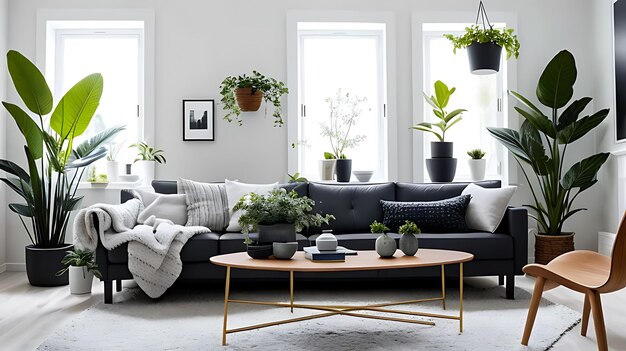 Nordic style living room with sofas and plants