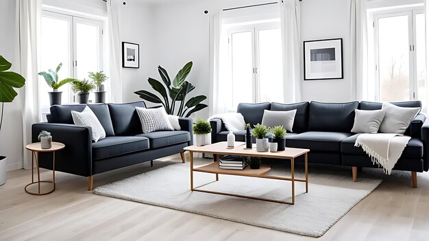 Nordic style living room with sofas and plants