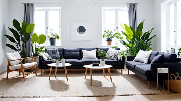 Nordic style living room with sofas and plants