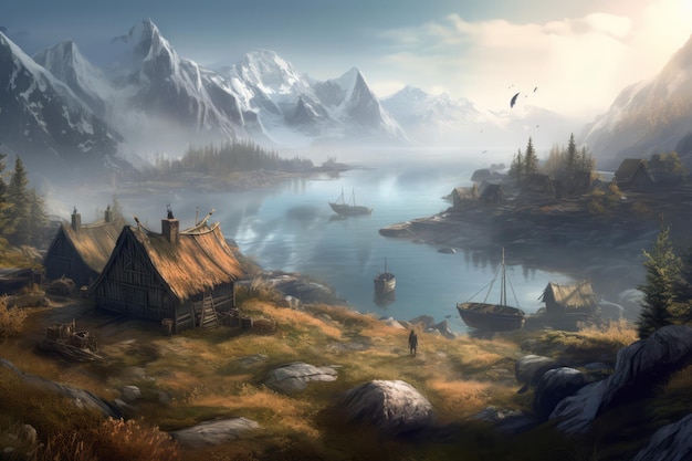 Nordic village view panorama Beauty coast Generate Ai