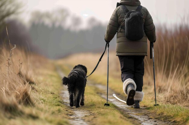 Foto nordic walker e cane su un sentiero di campagna