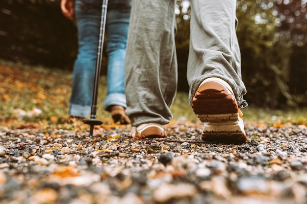 Foto cammino nordico in autunno in foresta escursione adolescente