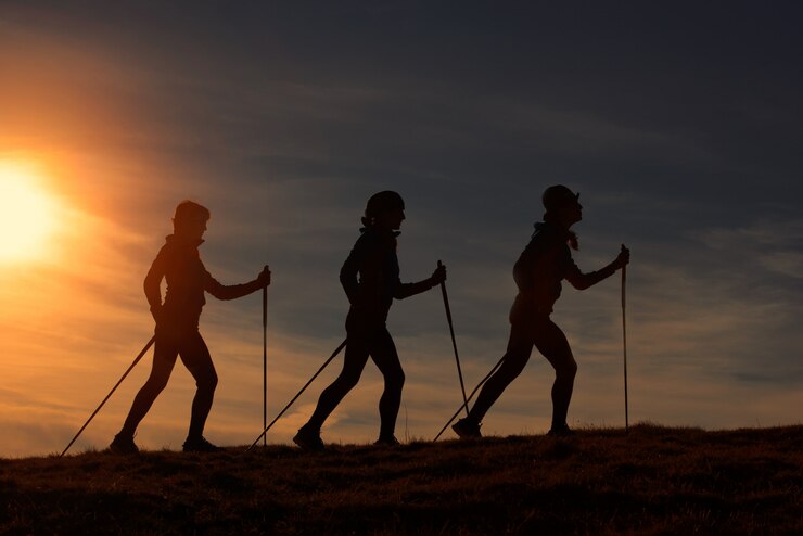 夕暮れ時のシルエットでノルディックウォーキング