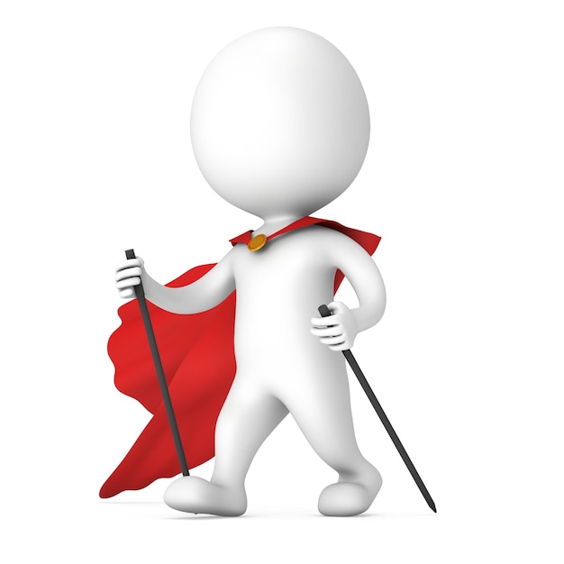Nordic walking white superhero man with red cloak 3d render illustration of super hero isolated