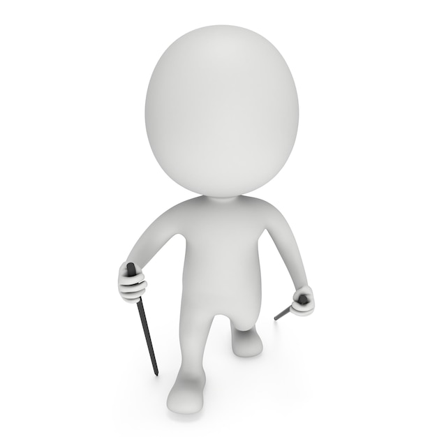 Nordic walking witte lege man 3d render illustratie geïsoleerd op een witte achtergrond