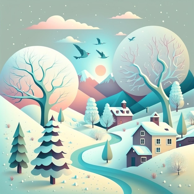 Nordic winter landscape with cute houses christmas illustration for children and fairy tales gene