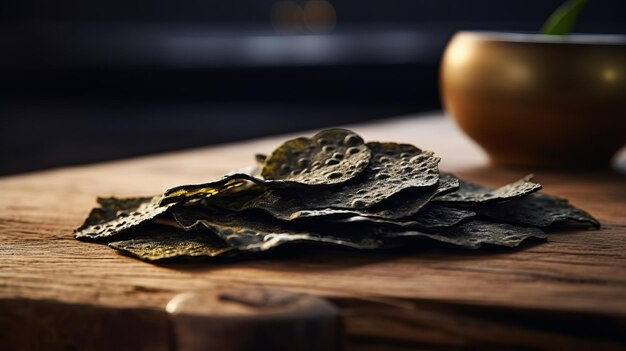 Nori seaweed chips on wooden