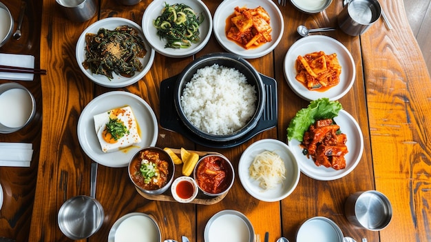 Normale Koreaanse eettafel met gekookte rijst en verschillende bijgerechten Zuid-Korea Generative Ai