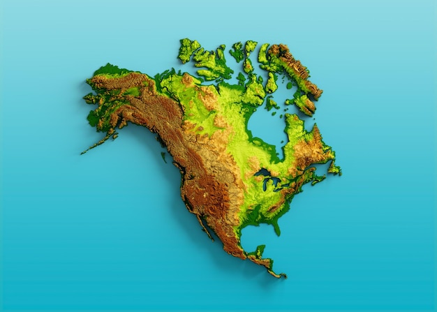 North America Map Shaded Relief Color Height Map On Sea Blue Background 3d Illustration