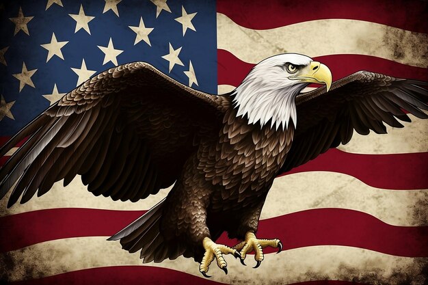 North American bald eagle flys on American flag background US Holidays 4th of July Independence day