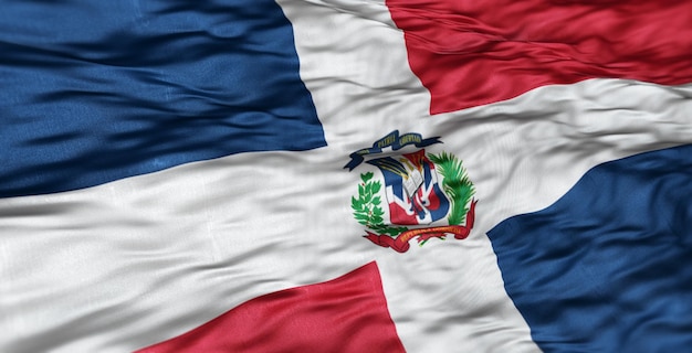 The North American flag of the country of Dominican Republic is wavy