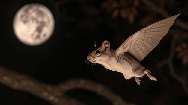 North American flying squirrel soaring under moonlight