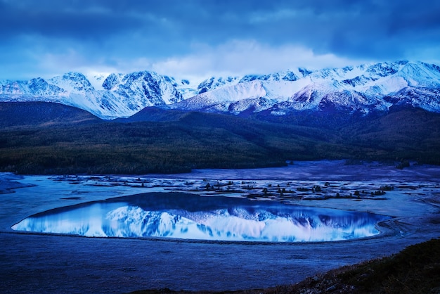 North Chuysky Range and Lake Dzhangyskol at sunrise. Russia, Altai Republic, Yeshtykol tract