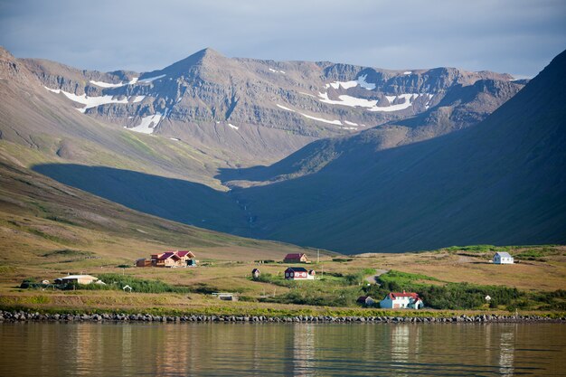 North Iceland Seacoast Landscape with mountains and reflections in the water