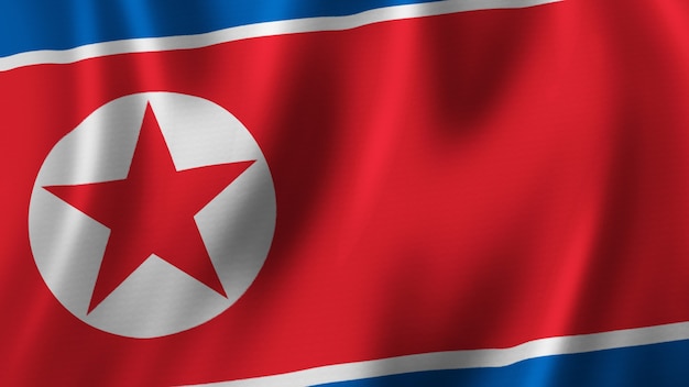 North Korea Flag Waving Closeup 3D Rendering With High Quality Image with Fabric Texture