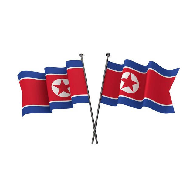 Скрещенные флаги Северной Кореи изолированы на белом фоне 3D визуализация