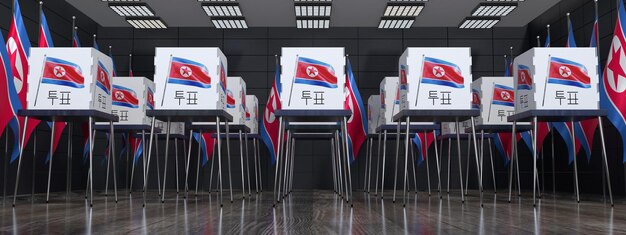 North Korea polling station with many voting booths election concept 3D illustration