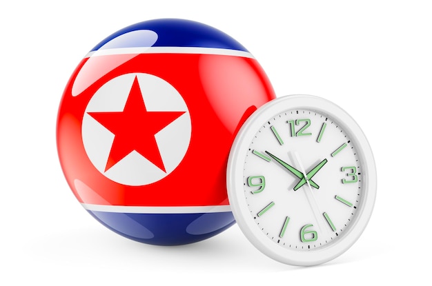 North korean flag with clock time in north korea 3d rendering