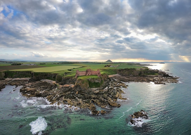 The North Sea at Sunset and Tantallon Castle view from above. North Berwick. Scotland,  UK