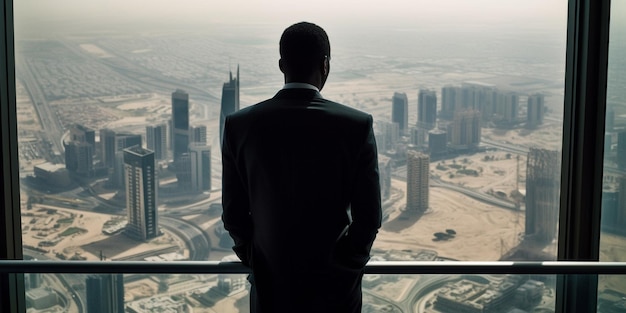 30 代半ばのスーツ姿の北アフリカのビジネスマンが街を眺める