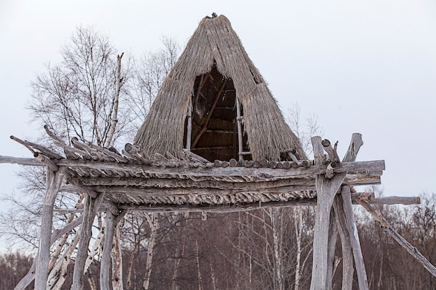 Хижина северных аборигенов на дереве зимой
