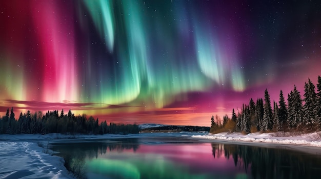 Northern aurora light with the reflection of the water and snow mountain