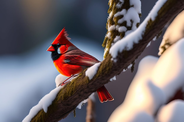 Northern Cardinal on a branch in winter Realistic 3d illustration